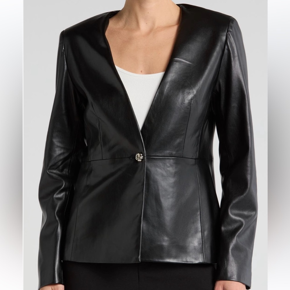 Elie Tahari V Neck Faux Leather Blazer Jacket Sz 6 Black NWT